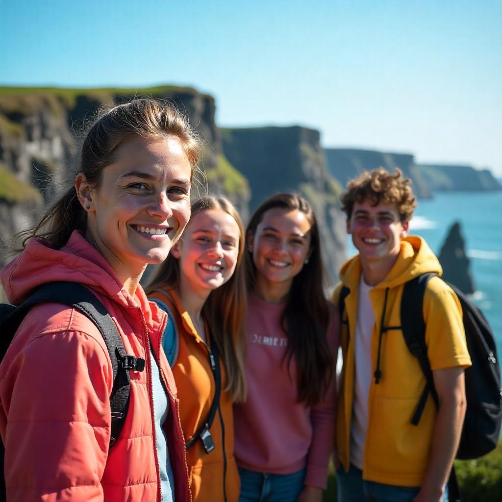 Estudiantes internacionales disfrutando de los famosos acantilados irlandeses - Vive tu experiencia en Irlanda con Yaicos